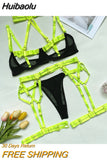 Huibaolu Female Lingerie Porn Sexy Costume Hollow Out Bandage Halter Bra Thongs With Belt Stocking Neon You Can See Underwear