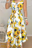 huibaolu Print V Neck Tie Up Maxi Dress with Belt Women Sleeveless Casual Summer Dress