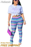 Huibaolu Streetwear Rainbow Striped Knit Ribbed Ruched Flare Legging Pants INS Active Sport Stretch High Waist Stacked Trousers