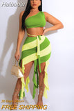 Huibaolu Fashion Beach Women's Set Tassel Striped Midi Skirt Suit and One Shoulder Crop Top 2023 Sexy Party Outfit Two 2Piece Set