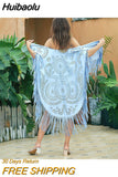 Huibaolu Beach Cover Up Summer Camel Suede Floral Hollow Out Fringed Bikini Cover-ups Vintage Women Beachwear Kimono Cardigan A918