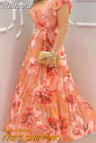 huibaolu Print Lantern Sleeve V-Neck Chiffon Dress Women Casual Maxi Dress