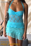 huibahe Patchwork See Through Lace Tops Women Orange Backless Lace Up Halter Tank Top Female Summer Skinny Spicy Girl Beachwear