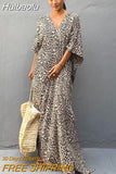 Huibaolu Leopard Self Belted Side Split Summer Beach Dress Long Tunic Women Clothes Plus Size Beachwear Maxi Dress Q1226