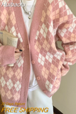 Huibaolu Cardigans Long Sleeve Knitted Argyle Sweater Women Korean Pink Vest Sweaters Female Jumpers Cardigan Jacket with Buttons