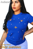 huibaolu Beaded Detail Short Sleeve T-Shirt Women Round Neck Casual Tshirt Ladies Butterfly Tee Tops