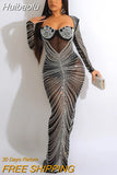 Huibaolu Hot Rhinestones Long Sleeve Party Dress Women Mesh Diamonds Strap Trumpet Maxi Dresses Sexy Evening Vestidos De Fiesta