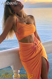 Huibaolu Hollow Out Midi Sexy Bodycon Dress Women Sleeveless Backless 2023 Summer Orange Casual Party Dresses Beach Club Holiday