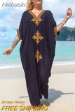 Huibaolu Black Oversize V Neck Moroccan Kaftan Beach Dress Plus Size Women Summer Half Sleeve Side Split Midi Dresses Tunica Q643