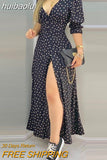 huibaolu Print Sexy High Slit Maxi Dress Women V Neck Puff Sleeve Summer Long Dress 914