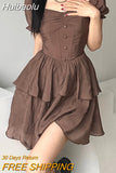 Huibaolu Elegant Chiffon Corset Dress Brown Flare Long Sleeve Mini Dresses Vacation Short Party Dress Ruffles Slash Neck Outfit