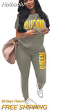 Huibaolu Active Queen Striped Sweatsuit Women's Set Tee Tops Jogger Pants Set Sporty Tracksuit Two Piece Set Fitness Outfit 2023