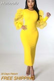 Huibaolu Women Mesh Puff Long Sleeve O-neck Bodycon Midi Maxi Long Dress 2023 Vestidos Vintage Club Evening Sexy Party Dresses