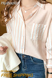 Huibaolu Pockets Striped Casual Long Sleeve Shirt Women Blouse Ladies Clothes Loose Button Womens Tops Chemisier Femme 2023 Spring