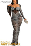 Huibaolu Hot Rhinestones Long Sleeve Party Dress Women Mesh Diamonds Strap Trumpet Maxi Dresses Sexy Evening Vestidos De Fiesta