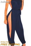 huibaolu Sleeveless Side Slit Halter Rompers Women Jumpsuits Solid Slim Party One Piece Overalls Clubwear