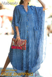 Huibaolu Causal Striped V-neck Button Front Open Summer Beach Dress Blue Tunic Women Plus Size Clothes Maxi Dresses Q1097