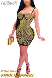 Huibaolu Women Mini Dress Diamonds Sleeveless Strap V-neck Stretchy Bodycon Dresses Sexy Night Club Party Vestidos Summer Outfits