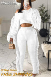 Huibaolu Ribbed Women Two 2 Piece Set Outfits Winter Fall Tassel Long Sleeve Sweaters and Tassel Pants Set Tracksuit Sweatsuit