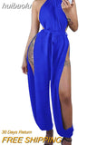 huibaolu Sleeveless Side Slit Halter Rompers Women Jumpsuits Solid Slim Party One Piece Overalls Clubwear