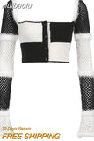Huibaolu Contrast Plaid Sweater Cardigan High Street Vintage Square Collar Fishnet Sleeve Knitted Jacket Women Chic Elegant Top