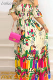 huibaolu Plants Print Shirred Frill Hem Maxi Dress