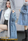 Huibaolu Women's Jeans Coat 2023 New Winter Coats Thick Wool Denim Jacket Korea Loose Hooded Fur Collar Long Clothes Outerwear Female