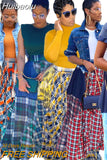 Huibaolu Women Long Maxi Skirts Patchwork Loose Asymmetrical Plaid with Pocket Loose Big Swing Floor Length Long Skirt