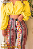 huibaolu Shoulder Ruched Crop Tops &amp; Tribal Print Pants Set Women Two Piece Set Outfits