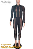 Huibaolu Fall Sexy Solid Mesh Patchwork Sheer Bodycon Jumpsuit Club Outfit For Women 2023 Long Sleeve O Neck One Pieces Jumpsuit