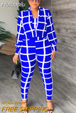 Huibaolu Chic Plaid Women Legging Pants Suit and Long Sleeve Blazer Strapless Crop Top Casual Three 3 Piece Set Outfits Tracksuit