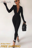 Huibaolu Autumn Hollow Out Black Jumpsuits Women Green Long Sleeve Bodycon Jumpsuit Winter One Piece Sexy Club Outfits For Women