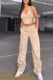 Huibaolu Khaki Wide Leg Cargo Jeans High Waist Big Pockets Baggy Denim Trousers Casual Oversized Pants Street Sweatpants Iamhotty