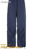 Huibaolu Dark Blue Elastic Drawstring High Waist Cargo Pants Women Street Style Casual Sweatpants Vintage Basic Joggers Trousers