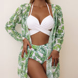 Huibaolu 3PCS Swimsuit With Long Sleeve Bikinis Women's Swimwear Push Up 2023 Beachwear Female Swimming Bathing Suit Bikini Set Pool