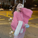 Huibaolu Cashmere Autumn Sweater Women O-Neck Casual Pullovers Sweet Long Sleeve Hairy Jumpers Outwear Lantern Sleeve M502