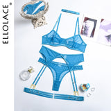 Huibaolu Set Woman 4 Pieces Sexy Erotic Lingerie Underwear Bra Garters Brief Sets Transparent Lace Seamless Blue Setup Ladies