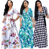 Huibaolu Women Sexy Bodycon Dress Beach Bohemian Maxi Splicing Floral Print Sexy Club Party Long Sleeve Long Dresses