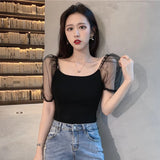 Huibaolu Cropped Tops Women Puff Sleeve Square Collar Mesh Patchwork Summer T-Shirts Elegant Casual Shirts Vintage Korean W655