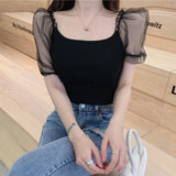 Huibaolu Cropped Tops Women Puff Sleeve Square Collar Mesh Patchwork Summer T-Shirts Elegant Casual Shirts Vintage Korean W655