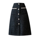 Huibaolu Buttons Tweed Skirts Women High Waist Plaid Woolen Skirt A-Line Knee-Length Elegant Office Lady Winter Pockets Slim M252