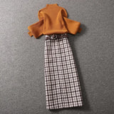Huibaolu Sleeve Half High Collar Soft Knitted Sweater Vintage Plaid High Waist Belt Skirts Two-piece Set Womens Outifits Suit
