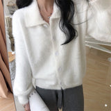 Huibaolu Cashmere Sweater Women Turn Down Collar Long Sleeve Loose Knitted Sweater Cardigan Autumn Coat Hairy Single Breasted X460