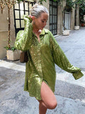 huibahe Turn-down Collar Sequins Women Blouse Green Long Sleeve Elegant Loose Blouse Women Spring Fashion Casual Streetwear 2023