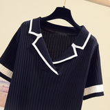 Huibaolu Summer Knitted Sweater Women Casual Korean Jumpers Short Sleeve Vintage Pullovers Loose Black White Knitwear M050