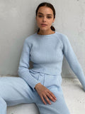 huibahe O Neck Ribbed Knitted Two Pieces Women Sets Autumn Casual Long Sleeve Tshirt And Wide Leg Pant Suit Solid Fitness Outfit