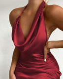 huibaolu Neck Satin Ruched Party Dress Women Sexy Night Out Club Dress