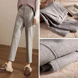 Huibaolu Retro Pattern Harem Pants 2023 Fall Winter New High Waist Woolen Suit Pants Loose Casual Straight Cropped Pants Women