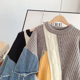 Huibaolu Neck Long Sleeve Denim Frayed Patchwork Mohair Knitted Women's Sweater 2023 Winter Vintage Loose Pullover Female Jumpers