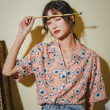 huibaolu Summer Casual Floral Pirnt Women's Blouse Notched Collar Short Sleeve Shirt Ladies Tops Loose Button Up Female Clothing
